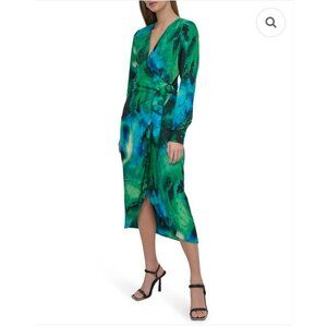 DKNY Womens Green & Blue Abstract Wrap-Style Dress With Ring Detail Size 12 Long